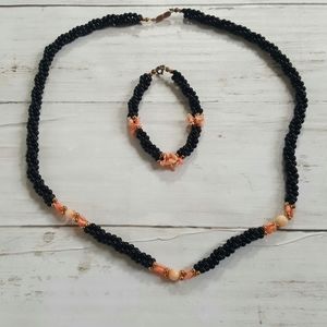Vintage‎ black onyx pink coral twisted necklace and bracelet set